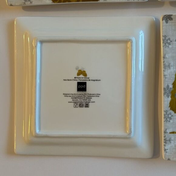 PPD Set of 4 Gold Gray Contemporary Appetizer Christmas Plates Bone China - Picture 6 of 8